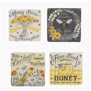 NEW! Honey Bee Resin Coaster Boxed Set Farmhouse Bumble bee Spring Flowers Honey